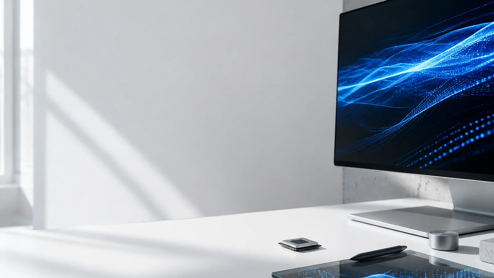 Espace de création technologique lumineux avec écrans, composants électroniques et formes abstraites liées à l’intelligence artificielle